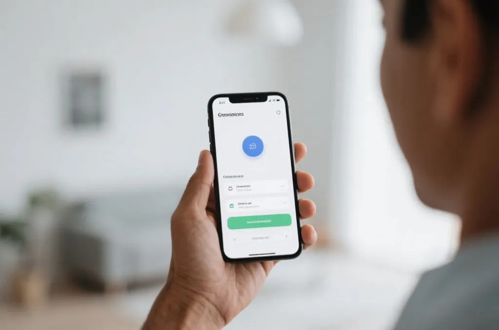 用户正在使用手机浏览流畅友好的应用程序界面，室内光线明亮