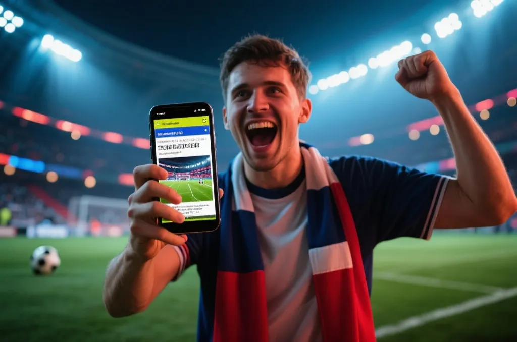 A passionate soccer fan cheering while looking at a mobile phone screen displaying breaking sports news with stadium lights