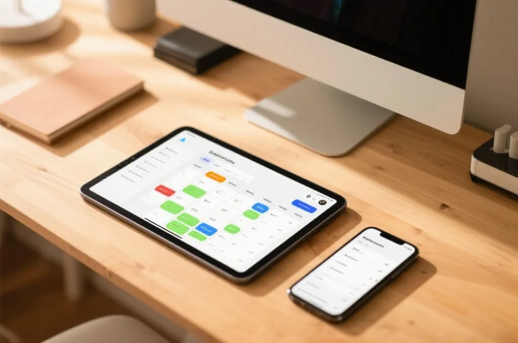 在办公桌上展示的智能手机，屏幕上运行着流畅的体育数据App