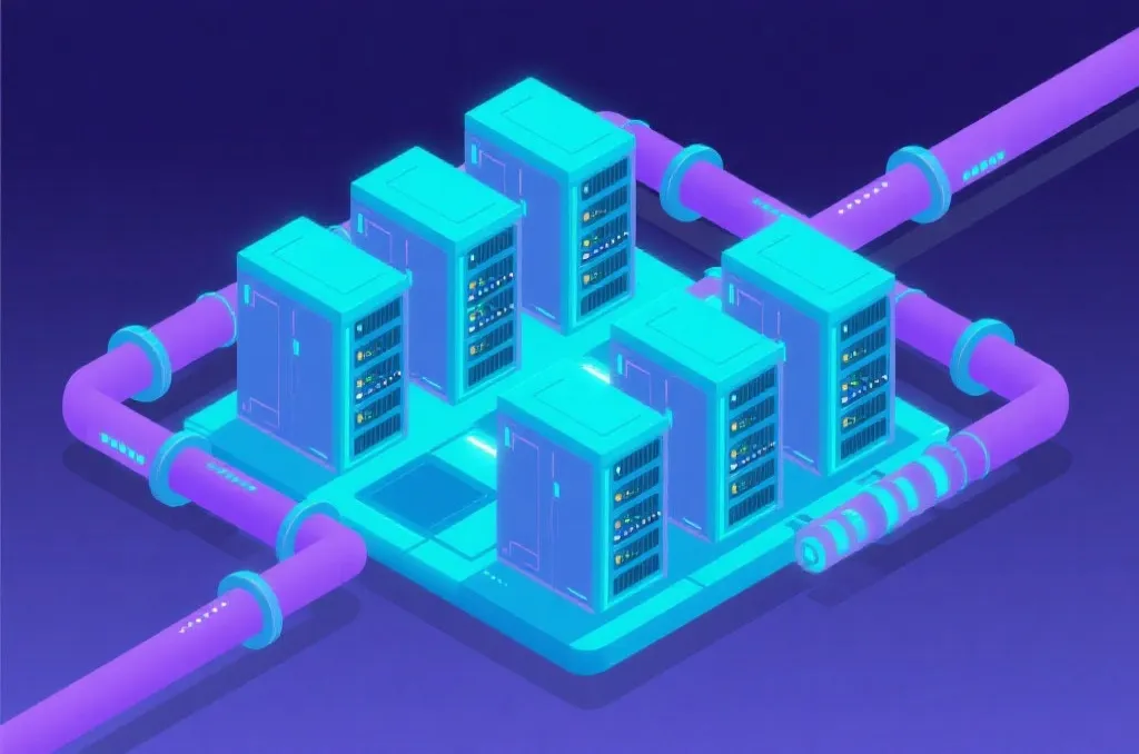 High-tech server farm isometric illustration, glowing neon cyan and purple data pipelines